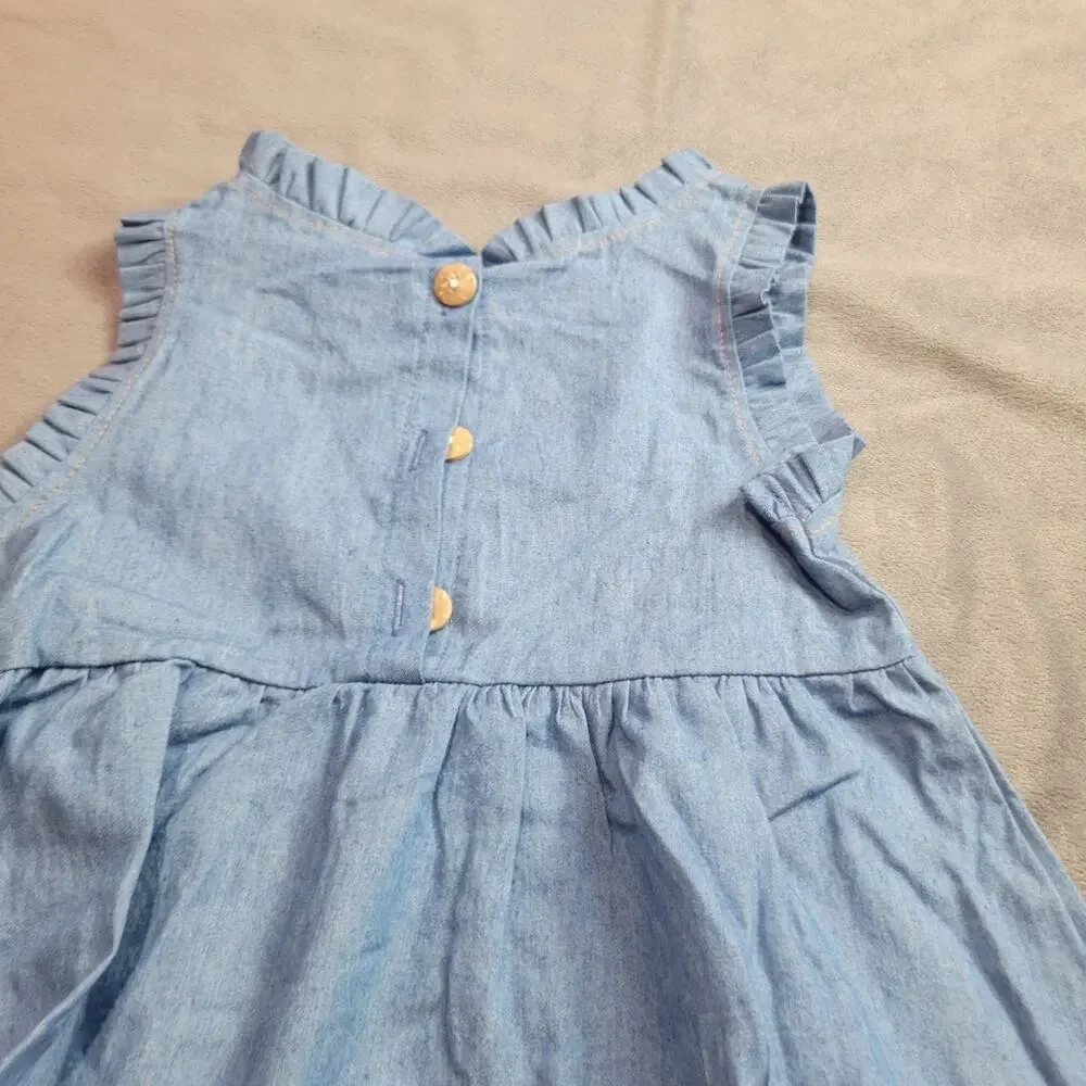 Boutique‎ Dress Girls Blue Pink Embroidered Flowers Chambray Size 18-24 Used